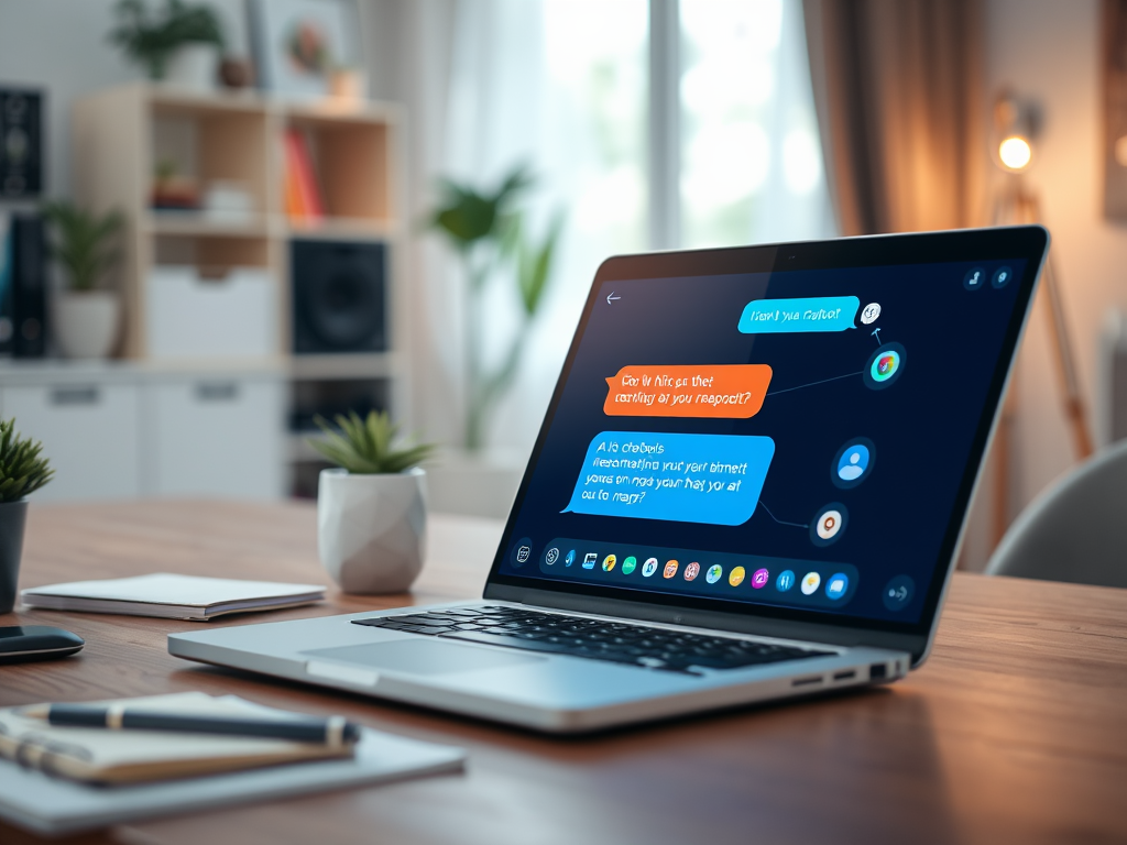 A laptop displaying a conversation in a messaging app, with colorful chat bubbles on a wooden desk.