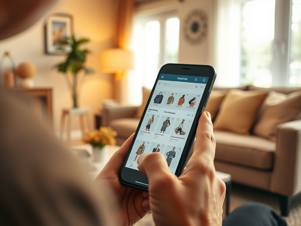 A person browsing an online shopping app for clothing on their smartphone, sitting in a cozy living room.