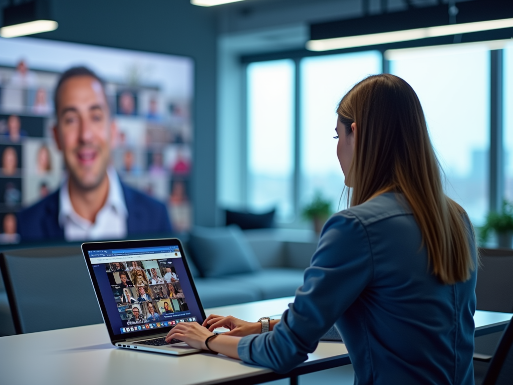 A woman participates in a video call on her laptop, with multiple faces displayed on a large screen behind her.