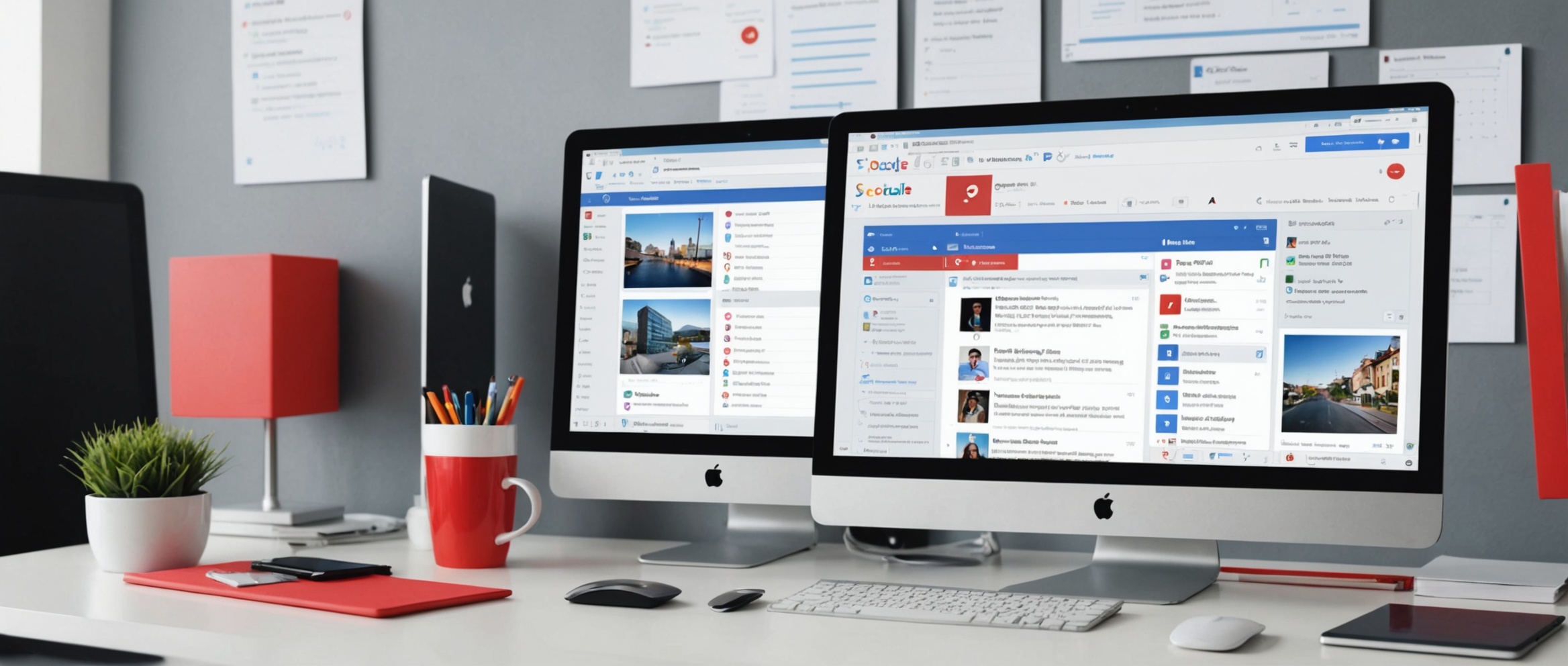 Современное рабочее место с мониторами Apple, отображающими социальные сети.