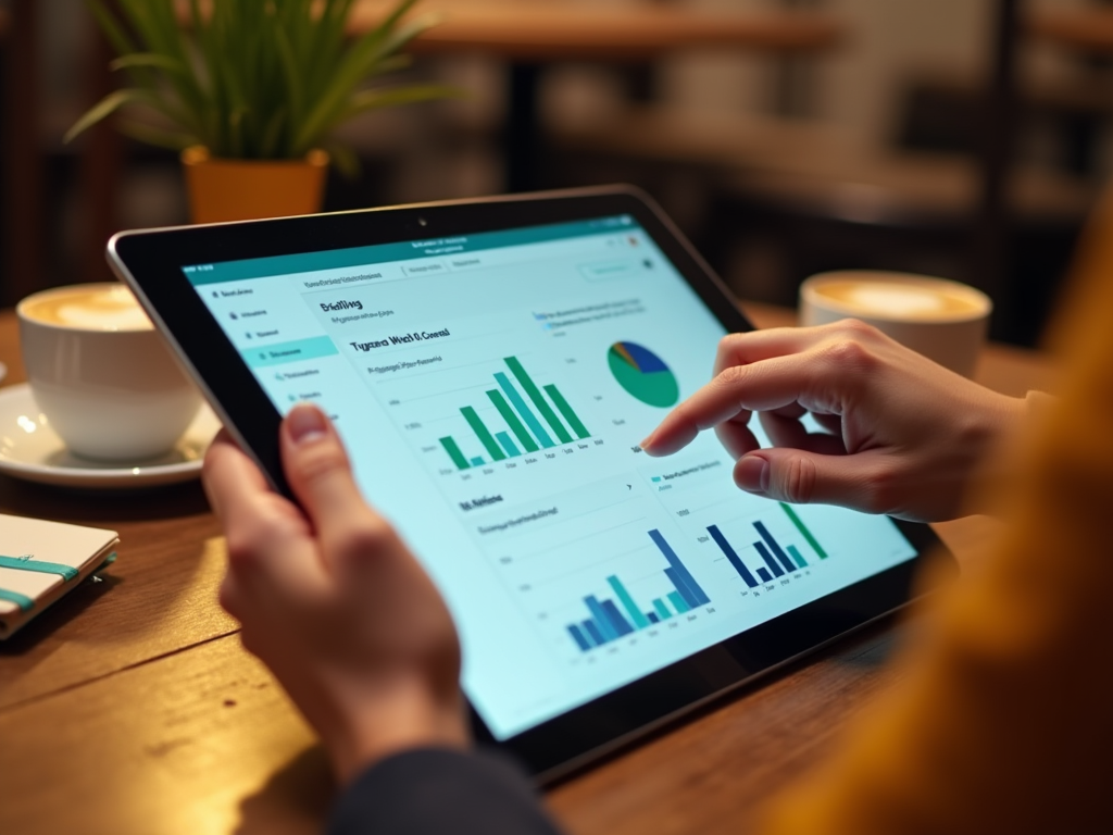 Person analyzing financial charts on a tablet in a cozy setting with a coffee cup nearby.