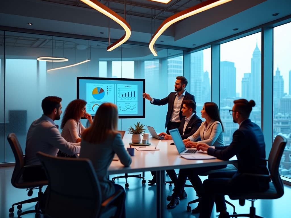 Man presenting data charts to a team in a modern office with city views.