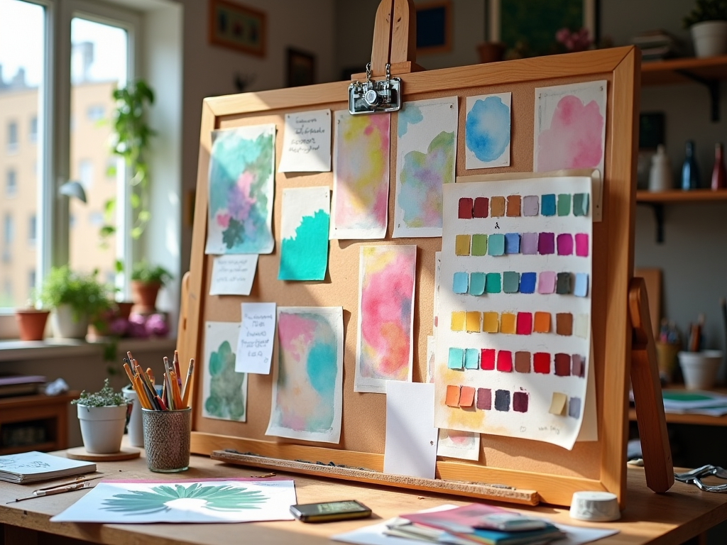 Bright art studio with watercolor paintings and swatches on a pinboard, brushes, and artistic tools.