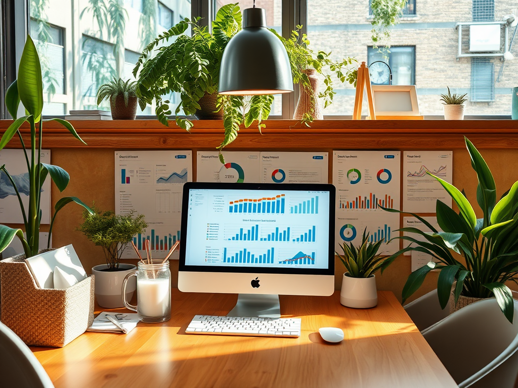 A cozy workspace featuring a computer with charts, plants, and documents displaying various data visualizations.