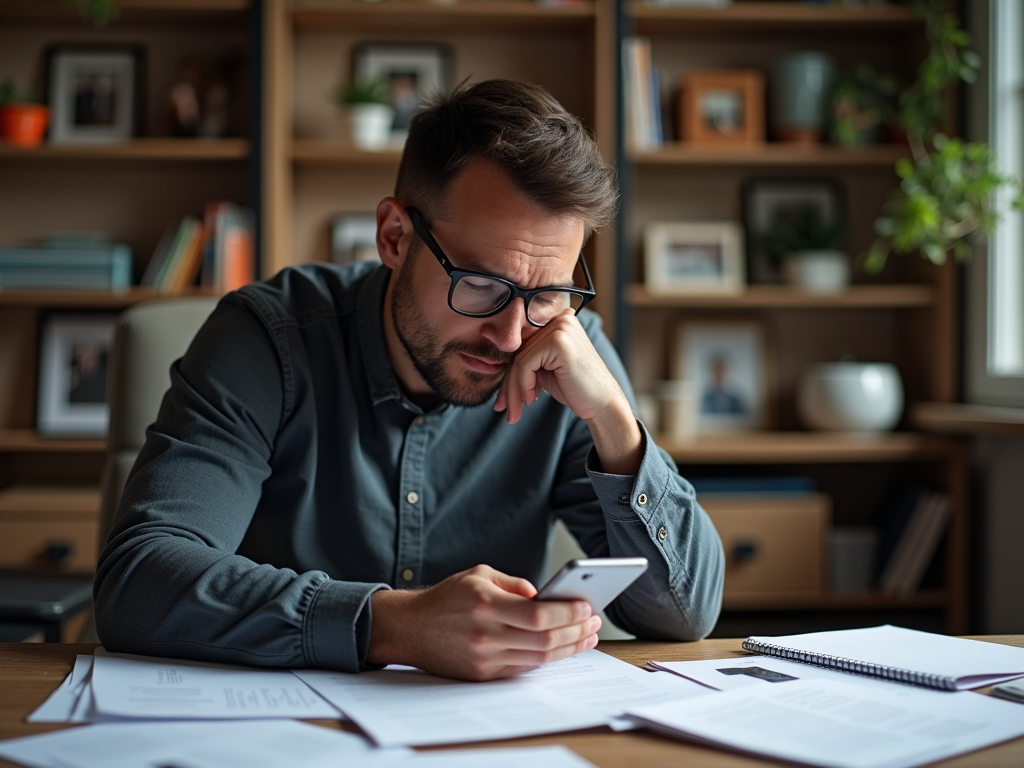 A man in a gray shirt sits at a desk, holding a phone, surrounded by papers, looking thoughtful.