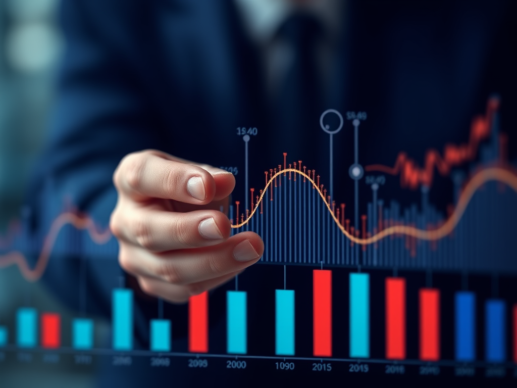 A person in a suit points to a financial graph with a line chart and bar data in various colors.