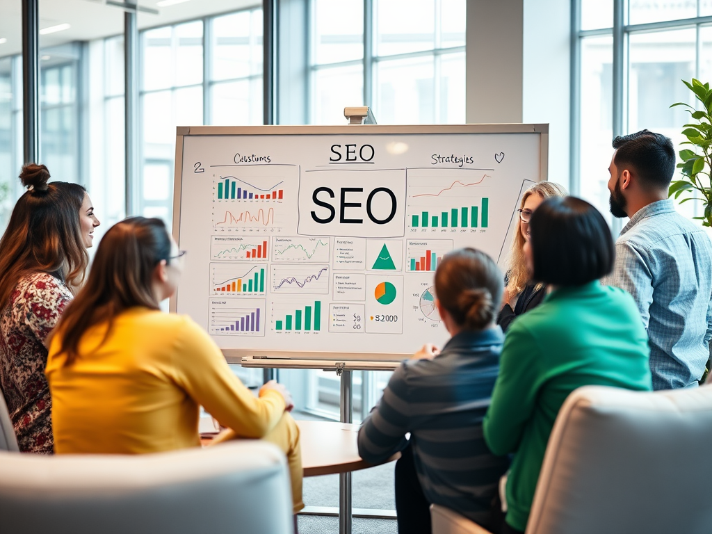 A group of professionals discusses SEO strategies and data charts in a modern office space.