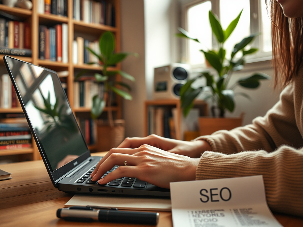 A person typing on a laptop with a notepad showing "SEO" and a bookshelf in the background with plants.