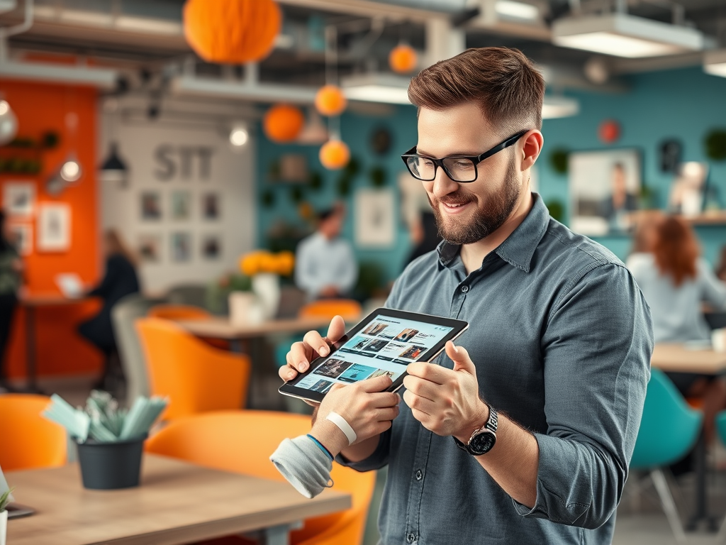 A man in a blue shirt smiles while holding a tablet in a colorful office setting.