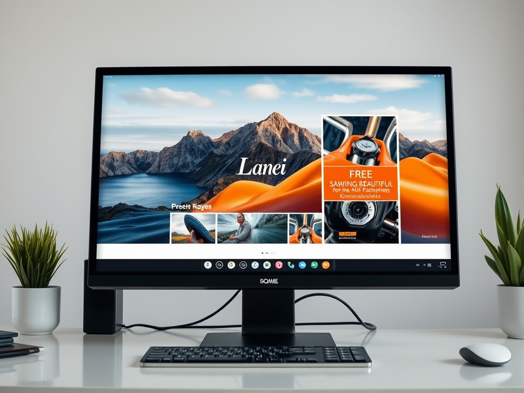 A desktop monitor displaying a scenic landscape and a promotional banner for a product with the title "Lanei."