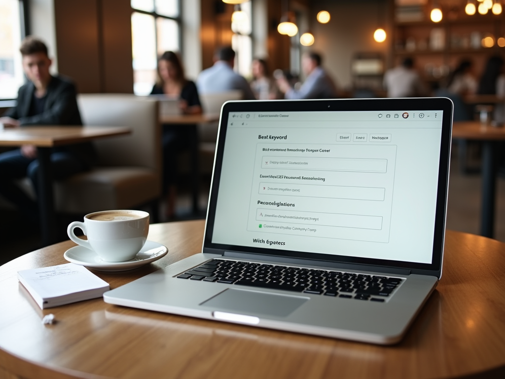 Laptop displaying a web page, with a coffee cup and notebook on a table in a busy café.