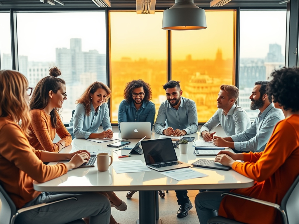 A diverse team engaged in discussion around a conference table with laptops, papers, and a city view.