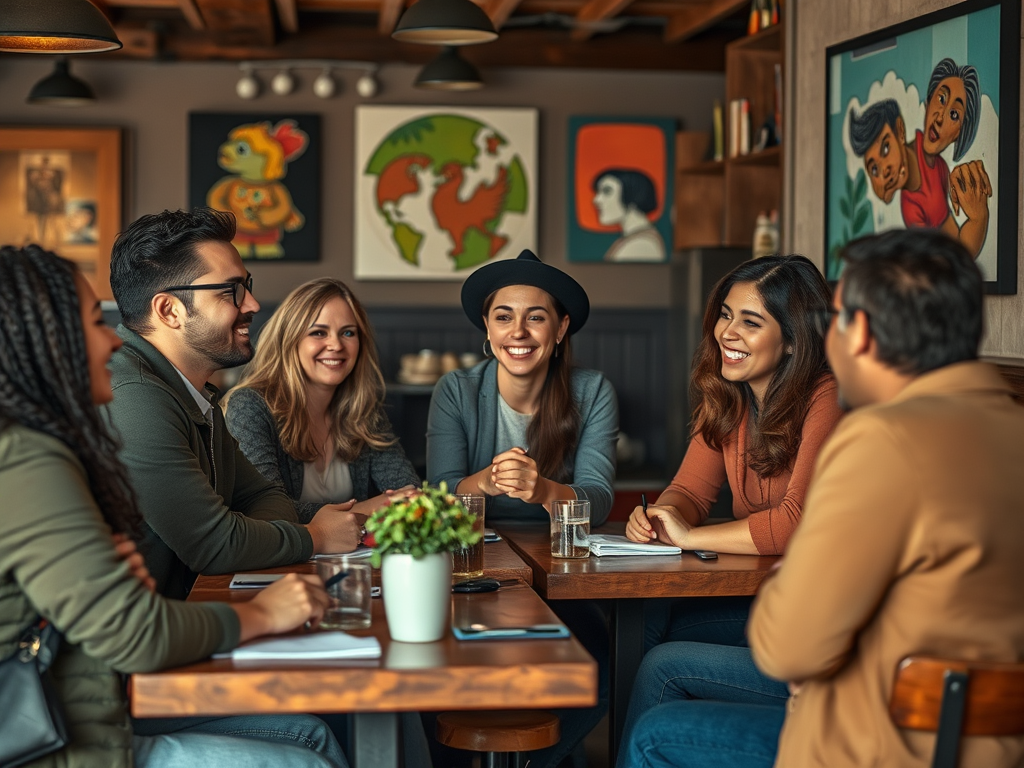 A group of six friends smiling and chatting at a cafe with art on the walls, sharing a joyful moment together.