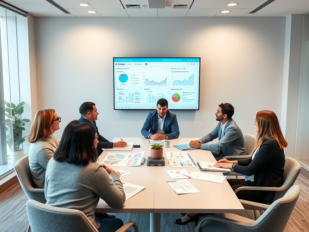 A business meeting in a modern conference room with six professionals discussing charts on a screen.