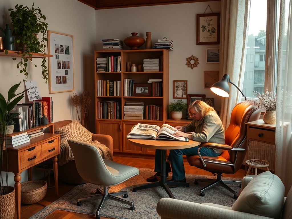 A cozy study with a woman reading at a wooden table, surrounded by books, plants, and warm lighting.