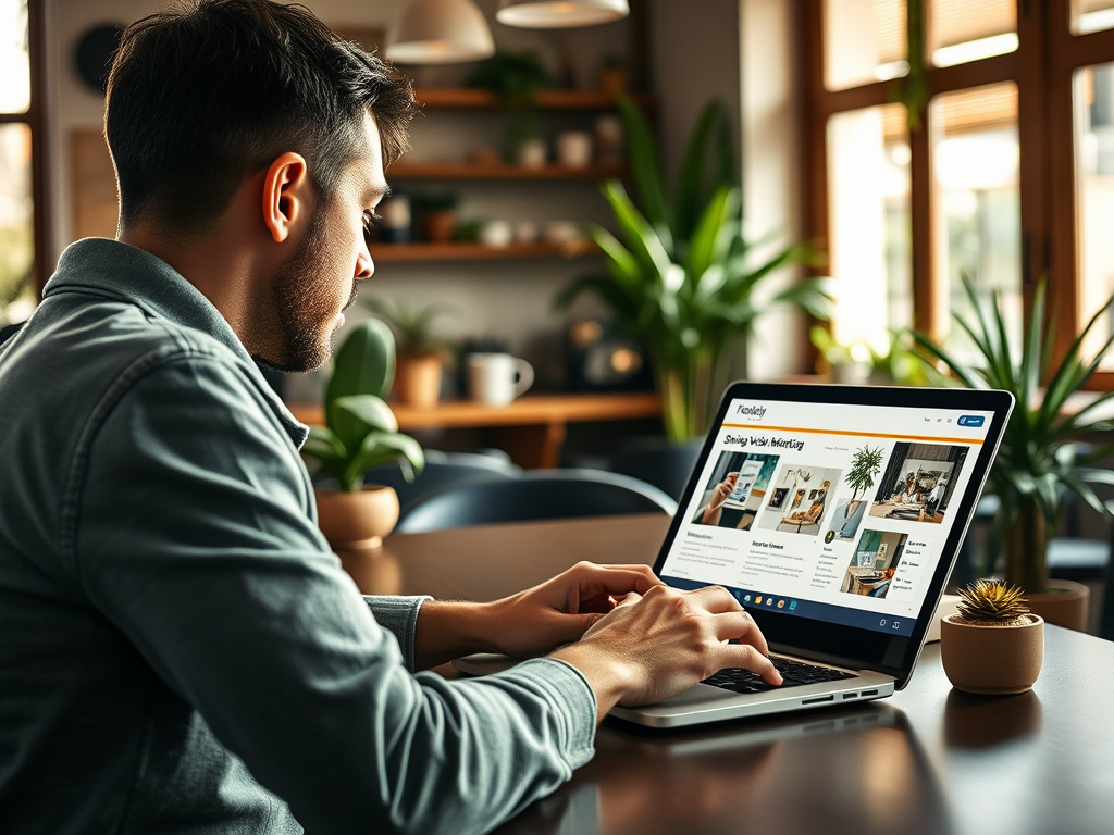 A man works on a laptop in a cozy cafe, exploring a website about interior design. Green plants are in the background.