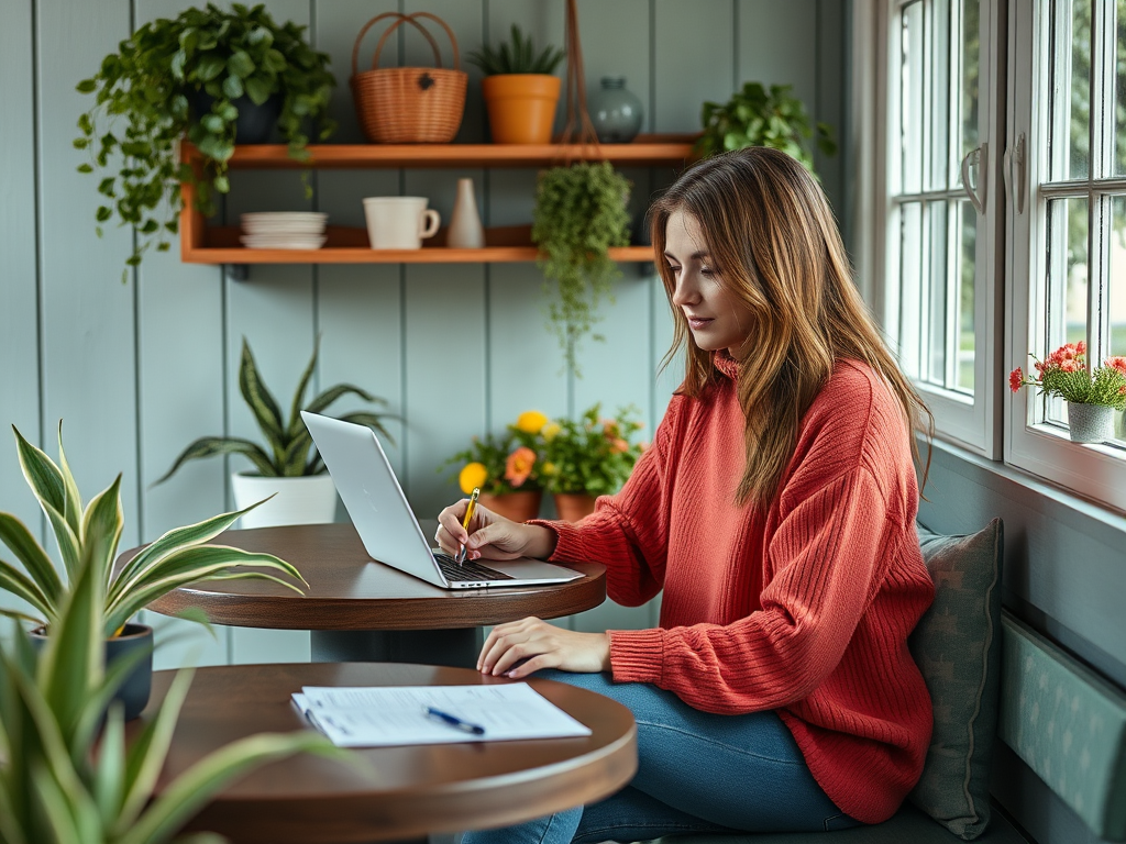 A woman in a cozy sweater works on a laptop at a wooden table, surrounded by plants in a bright, inviting space.