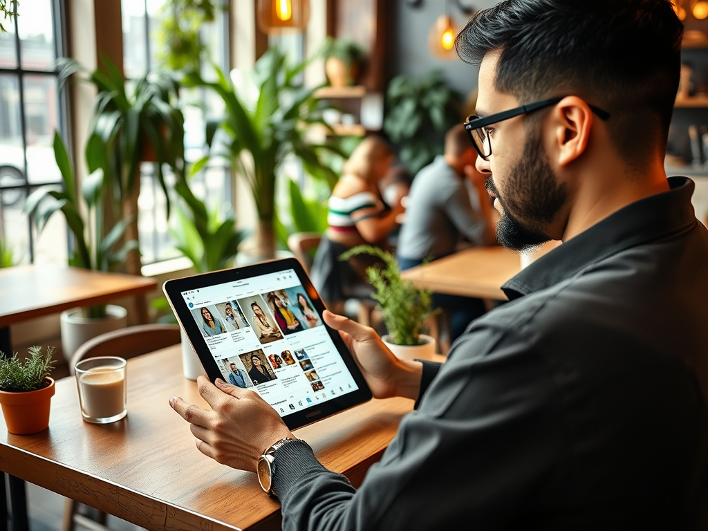 A man using a tablet in a cafe, browsing images while sitting at a wooden table with plants around him.