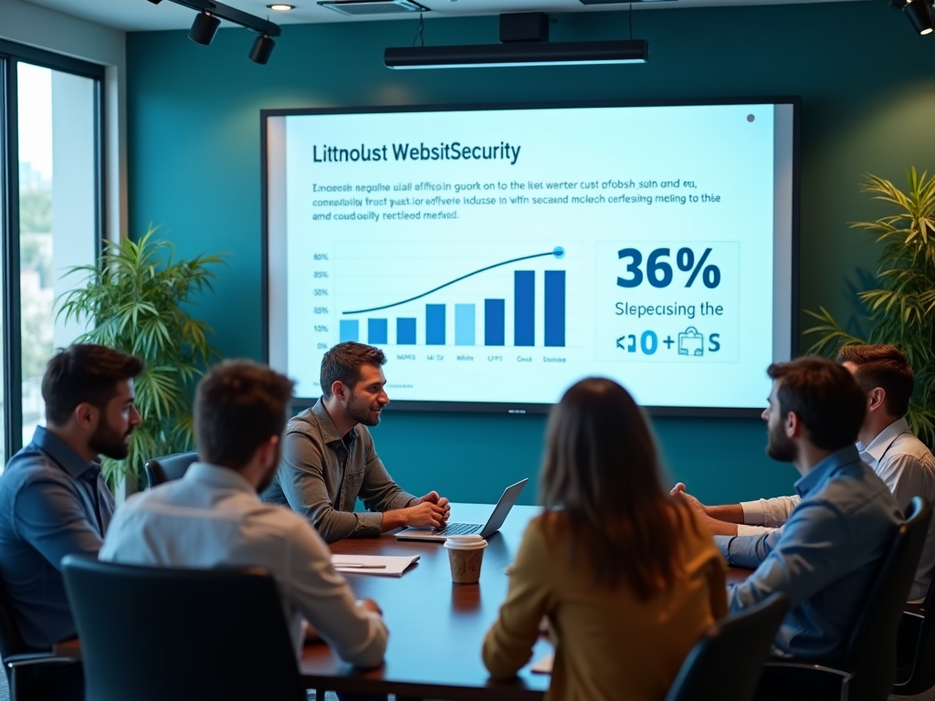 Professionals discuss a presentation on website security statistics in a meeting room.