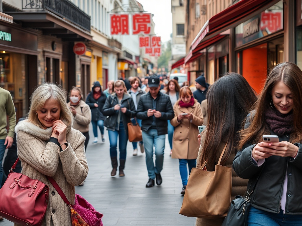 A busy street scene with people walking, some looking at their phones, and shops lining the sides.