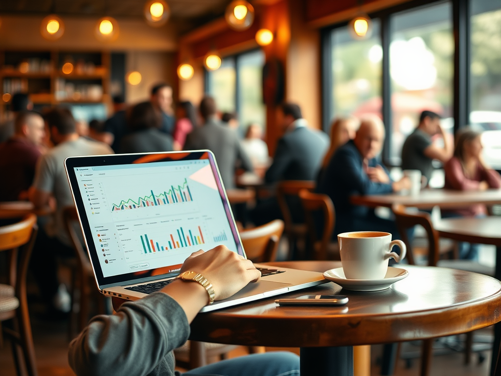 A person working on a laptop with a graph displayed, coffee cup on table, busy café environment in the background.