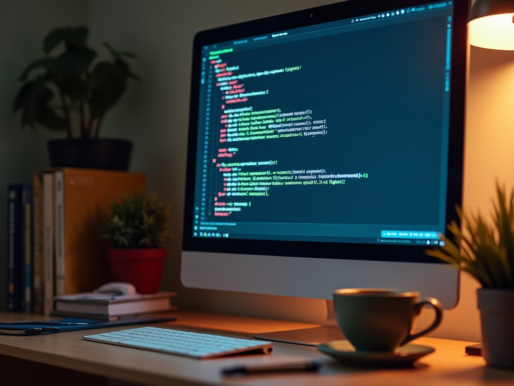 Cozy workspace with computer screens displaying code, a cup of coffee, and indoor plants on desk.