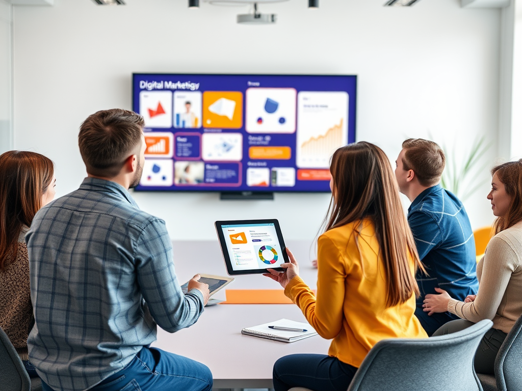 A group of people in a meeting room watching a presentation on digital marketing on a TV screen.