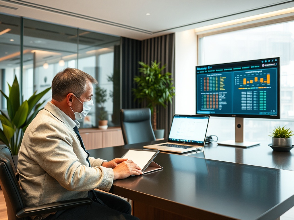 A man in a suit sits at a desk with a tablet, surrounded by plants and screens displaying data in a modern office.