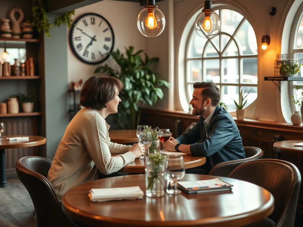 A man and woman sit at a wooden table in a cozy cafe, enjoying drinks and conversation in a warm atmosphere.