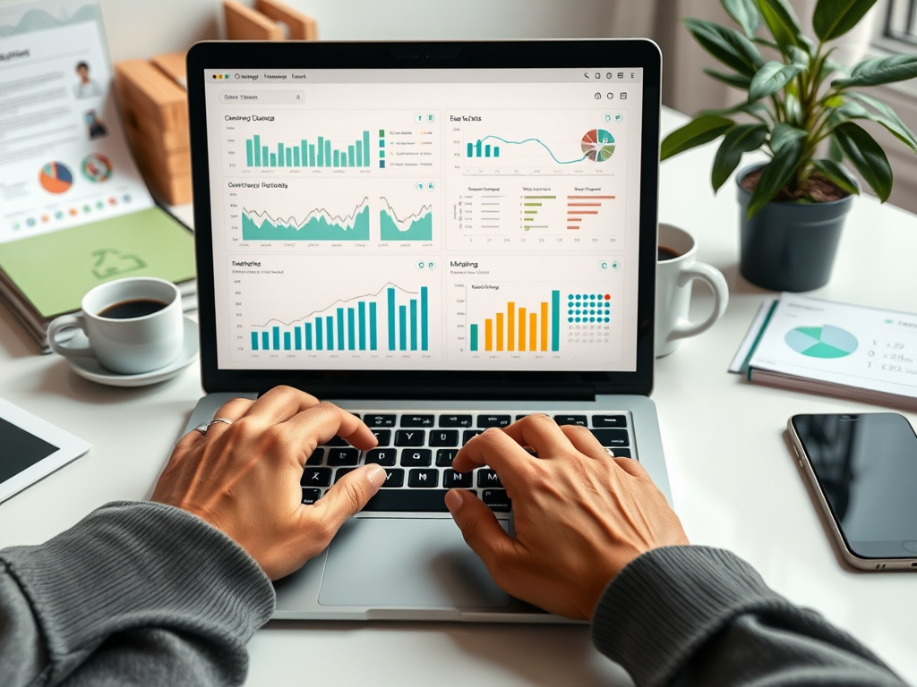 A person using a laptop with graphs and data visualizations on the screen, a coffee cup, and a plant nearby.