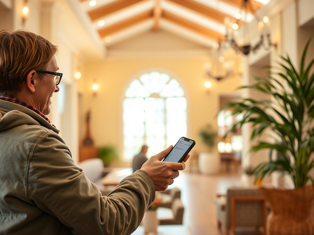 A person holding a smartphone in a bright, spacious interior with wooden beams, plants, and modern furnishings.