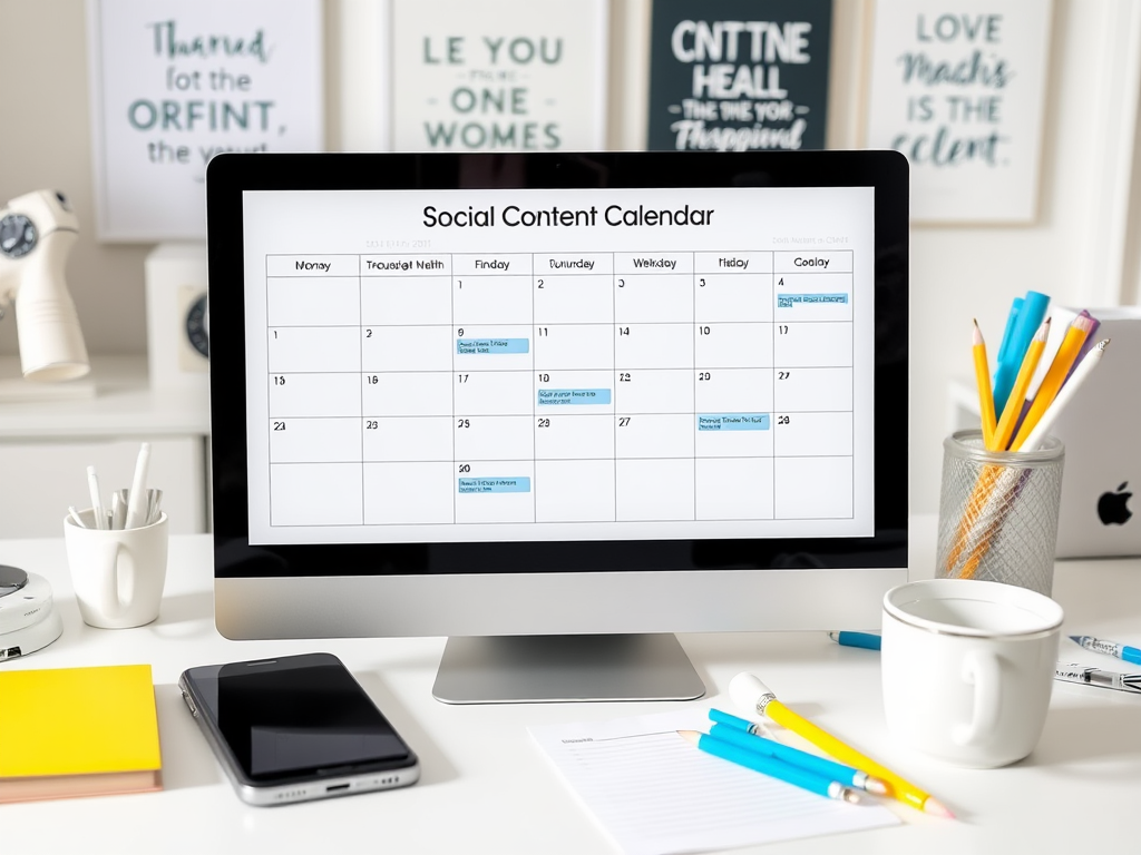 A computer monitor displays a social content calendar on a desk with office supplies and stationery around it.