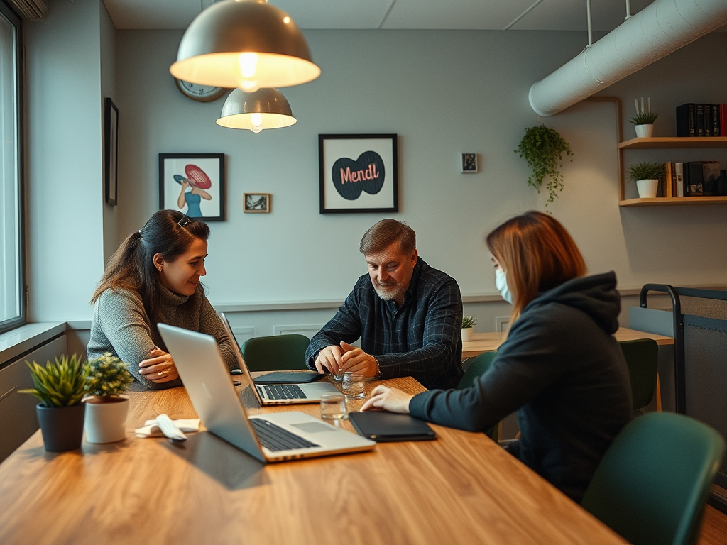 Three people sit around a wooden table in a cozy room, engaging in discussion with laptops and plants nearby.