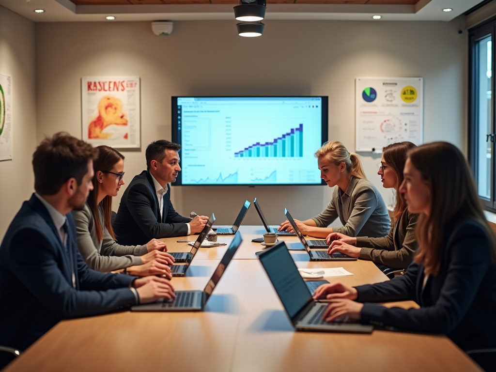 Professionals discussing data trends in a modern conference room with laptops and a digital display.