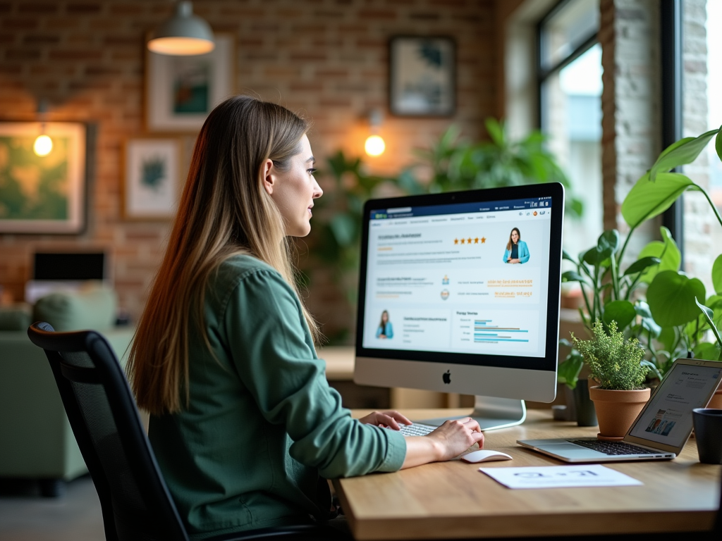 Woman working on a computer in a cozy office with brick walls.