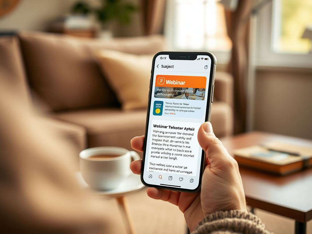 A person holding a smartphone displaying a webinar announcement about a project on a cozy living room setting.