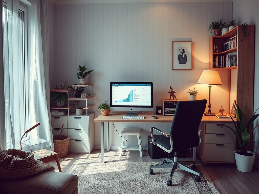 A cozy home office with a computer, plants, bookshelves, and warm lighting, creating a welcoming workspace.