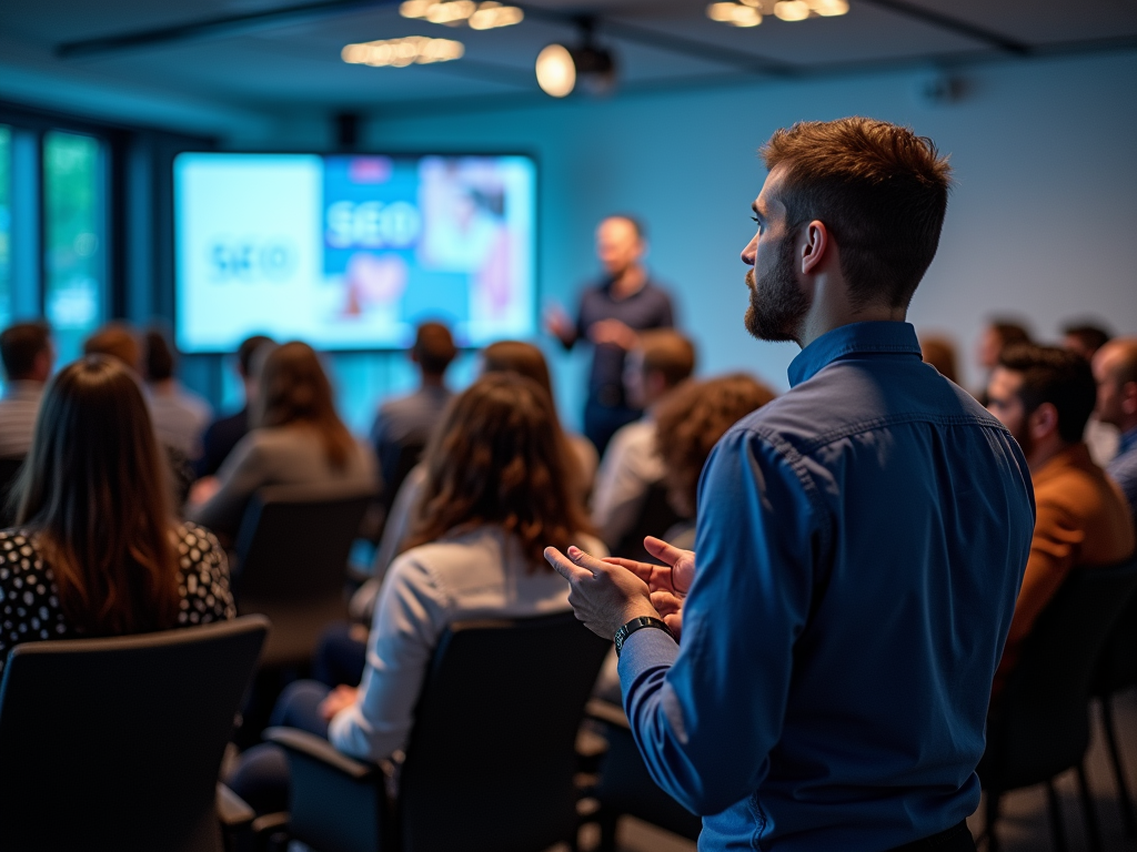 Man clapping in a business conference, with audience and presenter in the background.