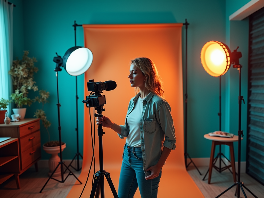 A woman stands in a studio, adjusting a camera on a tripod, with colorful backdrops and lighting equipment around her.