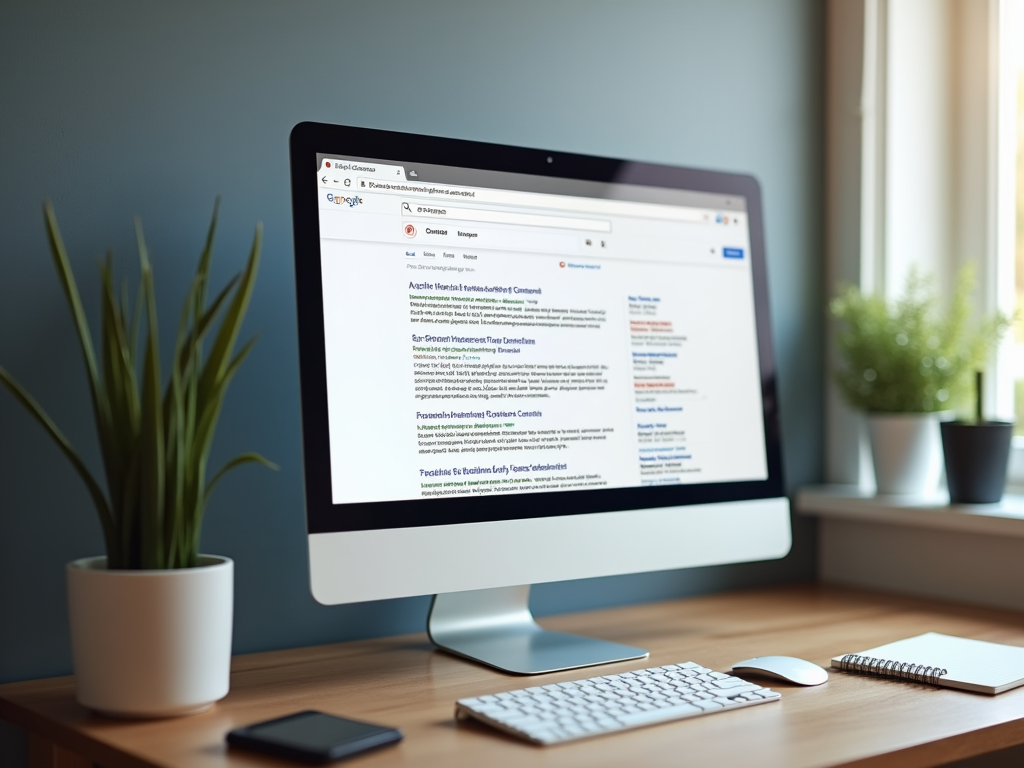 Домашний офис с компьютером, отображающим поисковую страницу, и растением на столе.