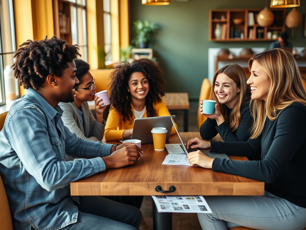 A diverse group of friends sharing laughs and coffee while working on a laptop at a cozy café.