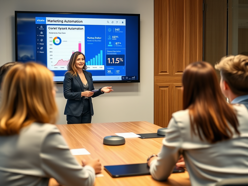 A woman presents marketing automation data to an attentive audience in a modern conference room.