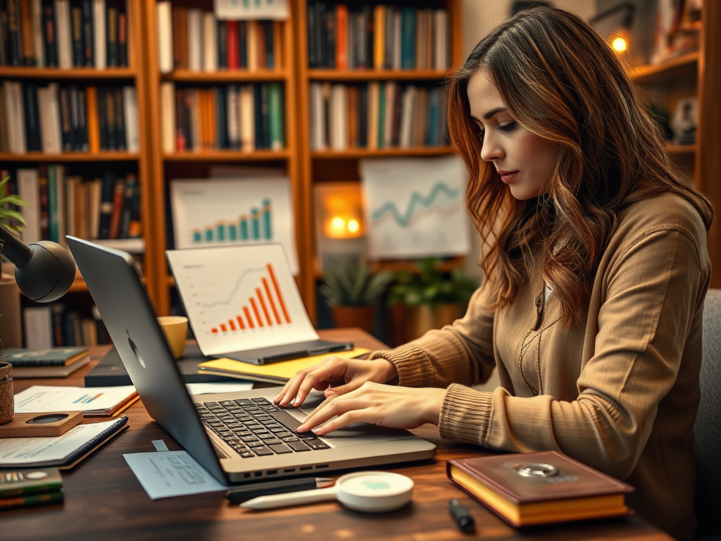 A woman with long hair is working on a laptop in a cozy office filled with books and charts on the desk.