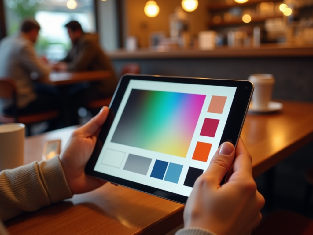 Person holding a tablet displaying a color palette app in a cozy coffee shop.