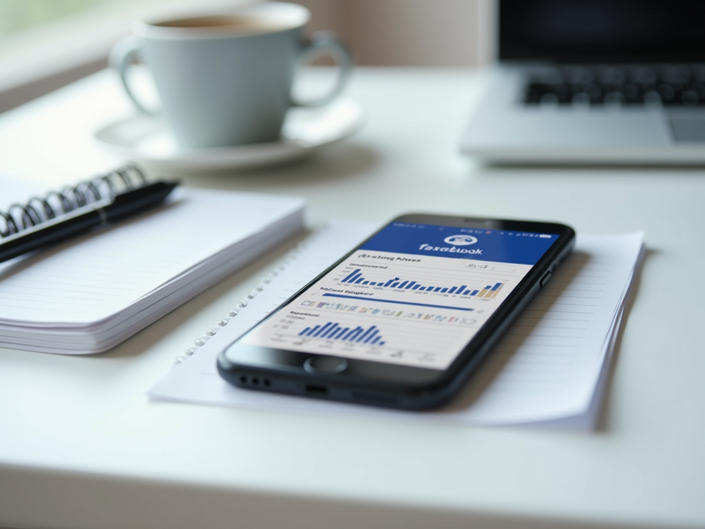 A smartphone displaying Facebook analytics on a desk with a notepad, pen, and a cup of coffee in the background.