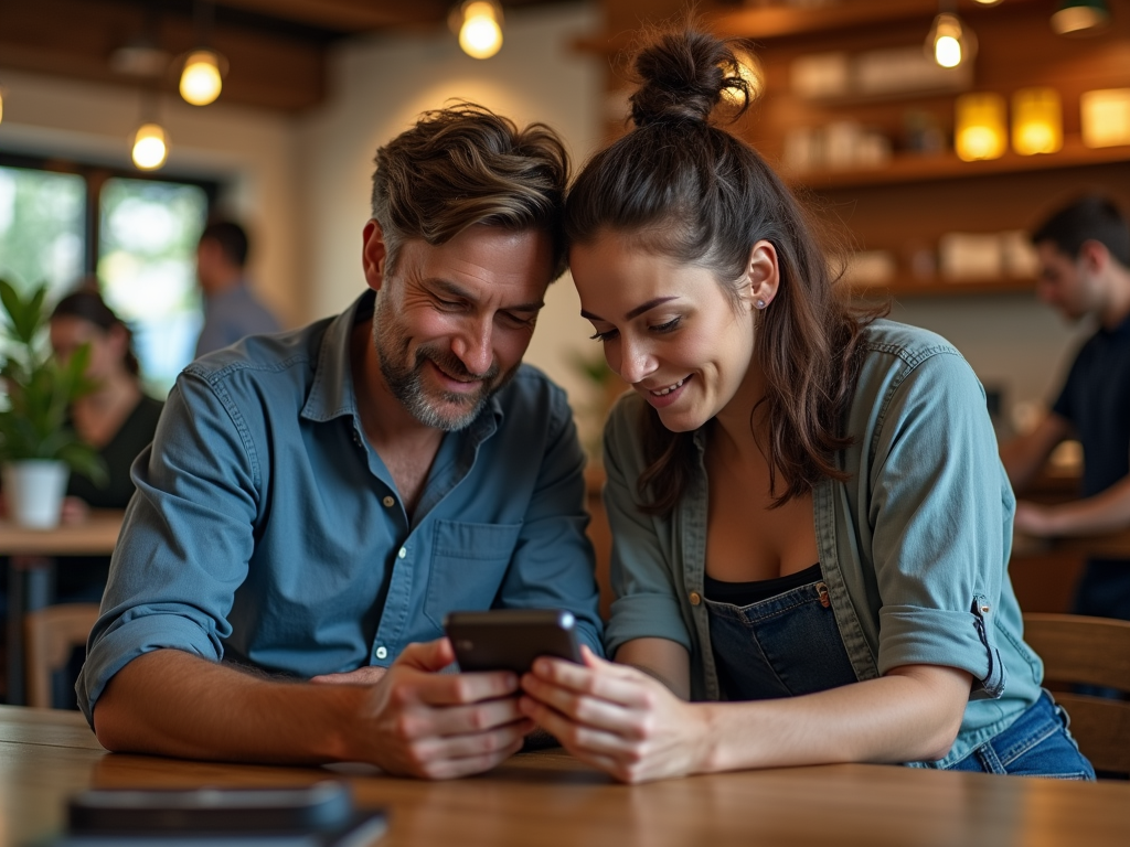 A couple sits at a table in a cozy café, smiling as they look at a smartphone together, enjoying their time.