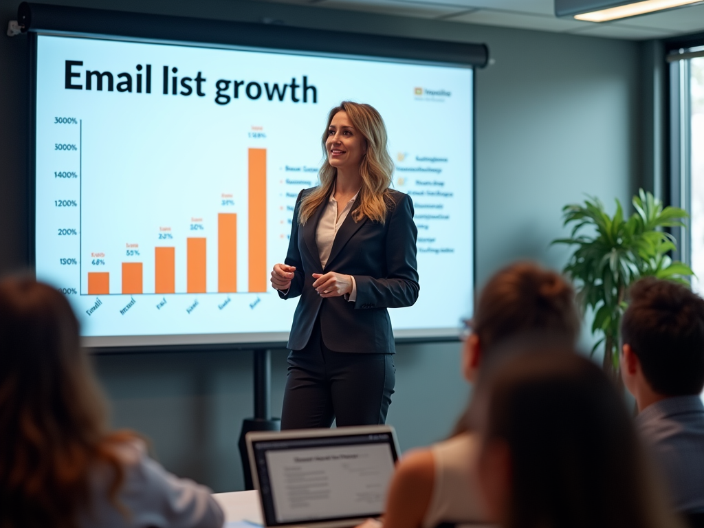 Woman presenting email list growth chart in a meeting room with attentive audience.