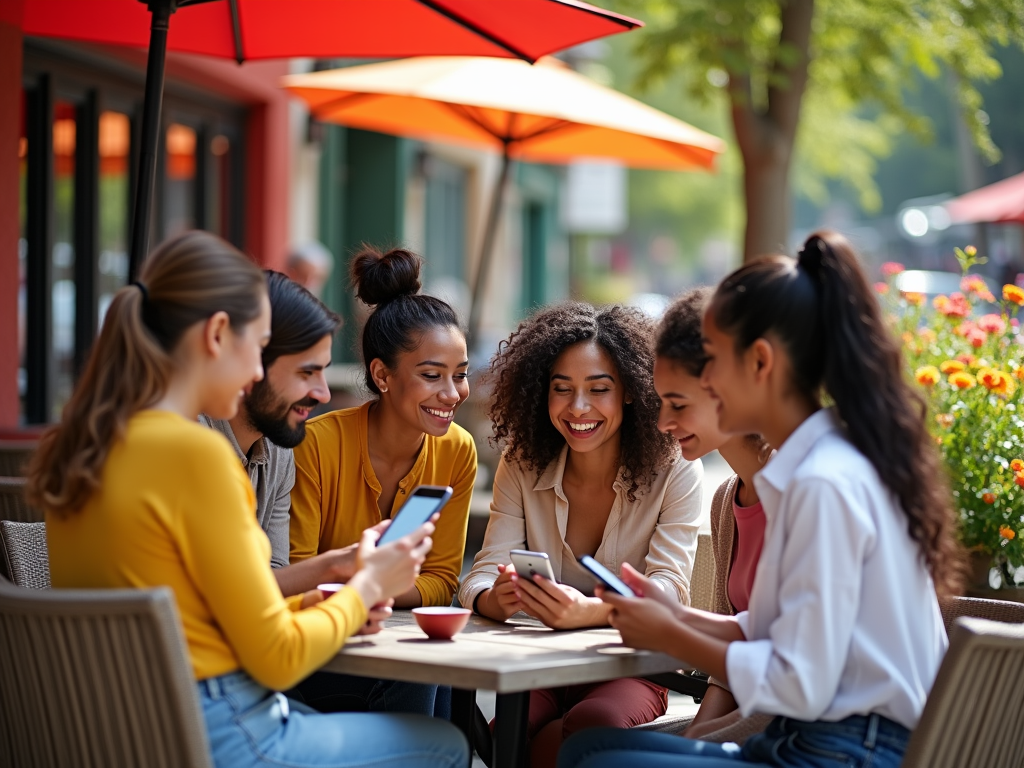 A group of six friends sits at a café table, happily sharing and looking at their phones in a vibrant outdoor setting.