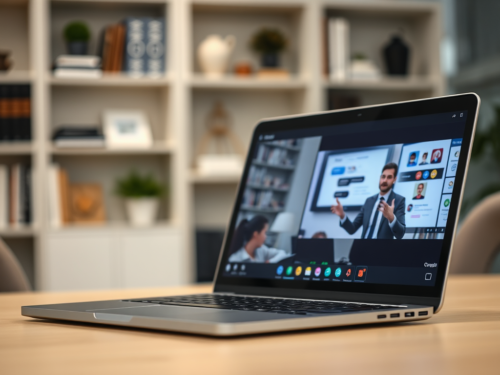 A laptop on a table displays a video call with a presenter gesturing, while books are visible in the background.