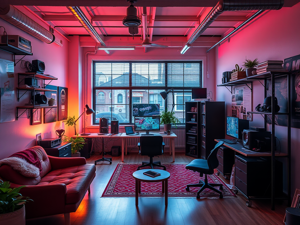 A stylish office space with plants, computers, and warm lighting, featuring a cozy red couch and modern decor.